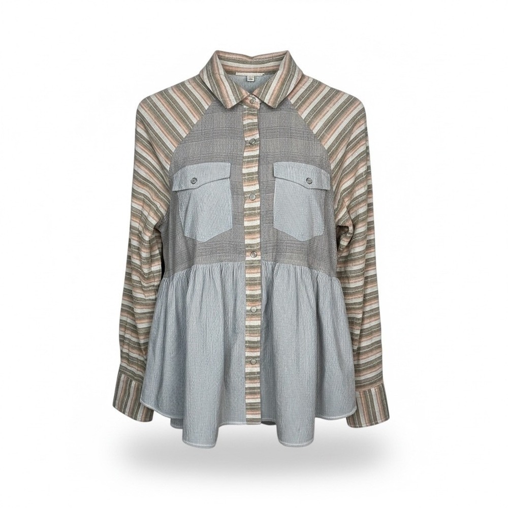 Dress Up Mixed Print Button Down Top Women Small‎ Blue Peplum Striped Plaid Boho